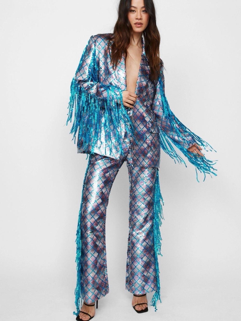 Nasty Gal Premium Sequin Fringe Blazer Rainbow Diamond Check Jacket Size 6 - Picture 2 of 9